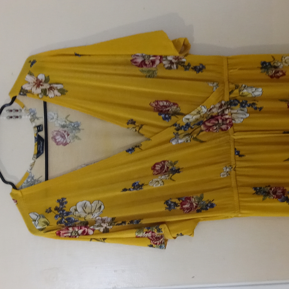 Long yellow faux wrap dress with blue trim
